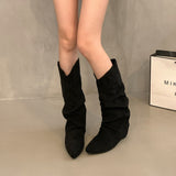 Heightening Apricot-Coled Velvet Pile Of Mid-Cvalry Knight Boots Women's Shoes 2025 Spring And Autumn Winter Pointed Retro Long-Singer Long