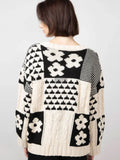 And Winter Sweater Women's Square Flowers Casual Loose Round Collar Knitted