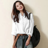 Women Tops White Blouse Fashion 2023 Vintage Cotton and Linen Office Shirt Loose Solid Long Sleeve Button Clothes