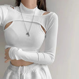 Zingj Careful Machine Hollow Out Off-Shoulder Undershirt Women's Short Crop T-Shirt Slim Fake Two Tops