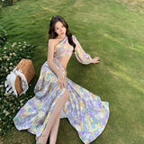 Zingj Shoulder One Shoulder Long Sleeve Dress Skirt Floral Dress Female Sanya Thailand Holiday