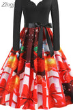 Women Winter Long Sleeve Vintage Christmas Dress Black Red Print V Neck Sexy Xmas Party Dress Robe 3XL Elegant