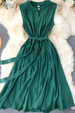 Solid Green/Blue/Yellow Casual Dress Elegant Sleeveless Round Neck Sashes Dresses Vintage 2023 New Fashion Vestido