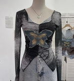 Shooting Pure Sexful V-Neck Umbilly T-Shirt Female Hairy Denim Butterfly Embroidered Mesh Yarn Long Sleeve Top