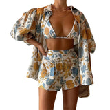 Spot Spring 2025 New Women's Fashion Printed Shirt Sling Vest Shorts Three-Piece