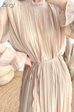 Stand Collar High Waist Waistband Slim Long Dress Autumn Korean Style Elegant Elegant Pleated Chiffon Dress Women