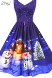 Winter Christmas Women Sexy Spaghetti Strap Swing Party Dress Vintage Robe Santa Snowflake Print