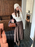 Xixi 2025 Autumn White Standard Temperament Retro Lattice High-Rise Half-Dressed Dress Girl