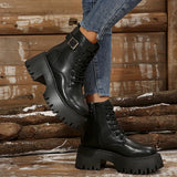 Front With Side Zippered Women's Boots Thick-Bottomed Belt Buckle Fashion Women's Boots Low-Clinular Round Head Black Martin