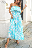 Floral Dress Women Chest Wrapping Bech Long Dress Female Sexy Strapless Elastic Waist A Line Holiday Backless