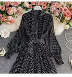 Shirt Collar Wave Dot Dress Spring And Autumn New Gentle Wind Temperament To Close The Waist Of The Big Folded Fork