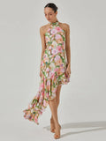 New Sexy Shoulder Hanging Neck Print Dress In The Long Dress Irregular Lotus Leaf Side Temperament Dress