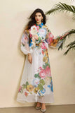 Court-Print Bubble-Sleeved Dress Women's Autumn Strap-In Belt Design Super Fairy Long Dress
