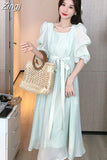 Sexy Casual Bow Square Collar Short Puff Sleeve Evening Midi Dresses for Women 2023 Summer New Maxi Dress Elegant