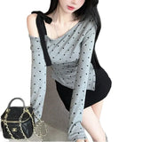 Sales Of 100,000] Gray Wave Point Oblique Shoulder Long-Sleeved T-Shirt Girl 2025 Spring New Folded Sweet Spicy Little