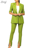 New PU Leather High-end Solid Suit Set Women Of Quality Office Lady 3/4 Sleeve Long Pants Slim Women 2 Piece
