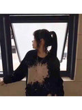 Women Tie Dye Gradient Print Crew Neck Loose Ripped Hole T-shirt Tops 2023 Autumn Korean Pattern Pullover Tee Tops