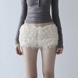 Girls White Plush Low-Waist Shorts 2025 Autumn And Winter New Fashion Casual Tight Warm Pants Women's