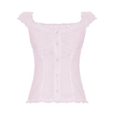Girl Age-Sensitive French Retro Checkered Low-Chest Shoulder Short-Sleeved T-Shirts Single-Breasted Buckle Thin