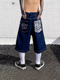 Pocket Embroidered Letter Print Jeans Men's Shorts Summer Vintage Super Wide-Legged