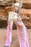 Y2K Solid Knitted Straight Pants for Women Hipster Tassel Hollow Out High-Waist Bottoms Streetwear Christmas