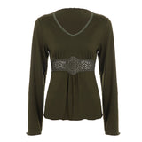 V-Neck High-Waisted Skirt-Shaped Long-Sleeved T-Shirt Women's Embroidered T-Sleeve Design-Sleeve
