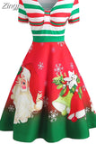 Dress Women Winter Santa Claus Striped Print Elegant Short Sleeve V-neck Xmas Party Midi