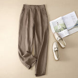 Summer Breathable Pants Large Size Loose Harem Ankle-Length Pants Cotton Linen Casual Pocket Black Elastic High Waist