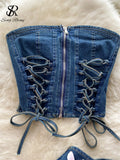 Hotsweet Denim Two Pieces Sets Zipper Strapless Y2K Top+Elastic Mini Culottes Lace Up Cross Bandage Streetwear Suits 211-0-Outfit