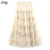 Sweet Multilevel Tulle Long Skirt Women Elastic High Waist A-line Pleated Mesh Skirt Gothic Lolita Female Jupe