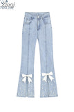 Women High Waist Flare Pants Slim Fit Stretchy Vintage Korean Fashion Harajuku Ins Street Denim Split Wide Leg Trouser
