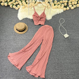 Zingj Suit Female Feel V-Neck Kink Sling Vest Two-Piece High Waist Slim Pleated Wide Leg