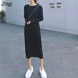 Sleeve Dress Women Knitted Autumn Solid Loose Elegant O-neck Korean Style All-match Chic Fashion Vestido Femme Mid Calf