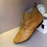 Pointed Little Short Boots Flat Boots Female Spring And Autumn Single Boots British Style Soft Leather Ankle Boots Soft Bottom Lace-Up