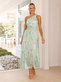 Women's New Printed Dress Fashion Sexy Slanted Shoulder Folded Empty Dress