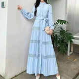 Gentle Style Dress Spring Dress Design Hollow Lace Splicing Bubble Sleeve Dress Holiday