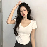 Zingj Desire Wind V Collar Short Sleeved T Shirt Female Summer 2024 New Slim Show Thin Hot Girl Short Irregular Bottom