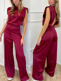 Summer New Women's Solid Color Straight Collar Sleeveless Loose Sleeves Wide-Legged