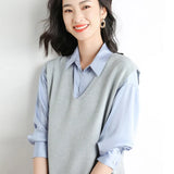 Zingj Blend 2024 Autumn / Winter New Ladies Loose V-Neck Solid Color Short Cover Vest Knit Vest Vest-Outfit