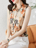 Satin Women's Silk Blouse Shirt Sleeveless Women Shirts Blouses Polo-Neck Chiffon Print Laides Tops Summer Vintage