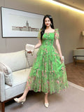 Gentle Wind And Rags Retro Tea Chiffon Dress Female Waist Temperament Shoulder Bubble Sleeve Mesh