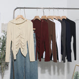 Real Shooting Explosion Long-Sleeved T-Shirt Girl Autumn Folded Waist-Bottomed Shirt V-Neck Ribbon Open Fork Short Top
