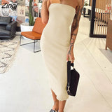 Women Strapless Bodycon Ribbed Knitting Dress Summer Solid Color Off Shoulder Calf Length Dress for Party