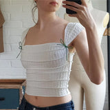 Zingj Summer Fashion Sexy Crop Square Collar Stripe Pleated Slim Short Sleeveless
