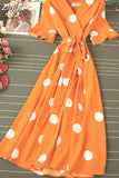 Polka Dot Midi Dress Summer 2023 Sexy V-neck Flare Sleeve Casual Vestidos Verano Elegant Blue/White Sashes Dresses
