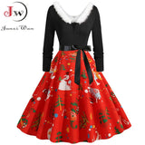 Costumes Party Dress Women Long Sleeve V Neck Fur Collar 1950s Housewife Vintage Xmas Winter