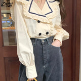 Goth White Shirts Women Elegant Design Ruffle Peter Pan Collar Blouses Female Double Breasted Oversized Puff Sleeve