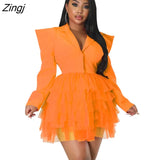 Sexy Bodycon Dress Mesh Hem Deep V Puff Long Sleeve Dresses for Women Autumn Winter Birthday Party