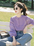 Chinese Style Buckle Round-Neck Shirt For Women In Spring 2025 New Ocean Design Purple Long-Sleeved