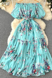 Bohemian Floral Chiffon Long Dress Women Sexy Off Shoulder Ruffle Puff Short Sleeve High Waist A-Line Big Swing